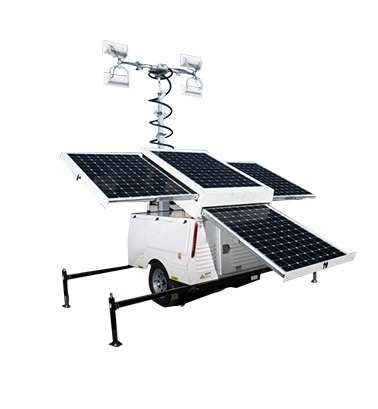 BIGLUX 570W solar light tower with telescoping mast, LED heads, solar panels and trailer base